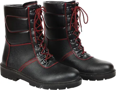 A pair of black leather work boots with red stitching and laces, shown against a white background.