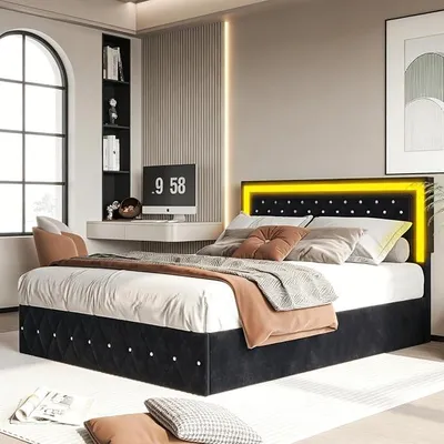 Obrázok produktu pre Postel s čalúnením 160x200 s úložným priestorom, dvojposteľ s LED osvetlením, posteľ pre mládež s čelom a roštom, rám postele pre dospelých, zamat (čierna, 160 x 200 cm)