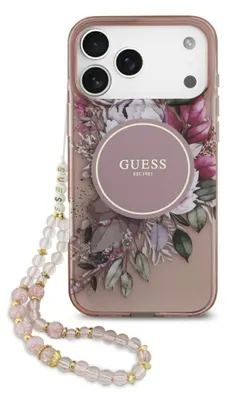 Zdjęcie produktu dla GUESS case passend für IPHONE 17 Pro Max compatible with MagSafe GUHMP17XHFWBRCESP (IML Flowers with Pearl Strap) pink