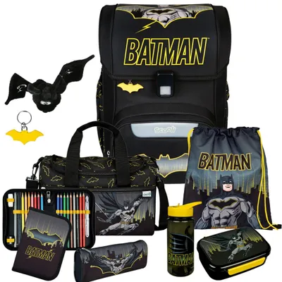 Produktbild von Scooli Schulranzen Jungen 1.Klasse Batman-EasyStart Schulranzen-Set 9tlg. mit Sporttasche, Brotdose, Trinkflasche und Plüsch-Feldermaus