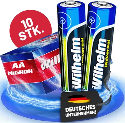 Two AA batteries and a box of batteries are shown with a German flag tag and lightning effects.