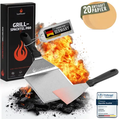 Produktbild von Grillspachtel 2er Set aus Edelstahl – Profi Plancha zubehör Spachtel & Grillschaber - 20x Antihaftpapier - BBQ Grillzubehör & Geschenk für Männer