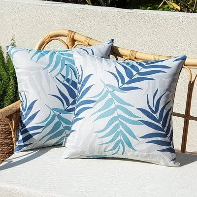 Produktbild von Famanu Kissenhüllen Set 2 Stück - Wasserdicht, Blau mit Blattmuster, 40 x 40 cm