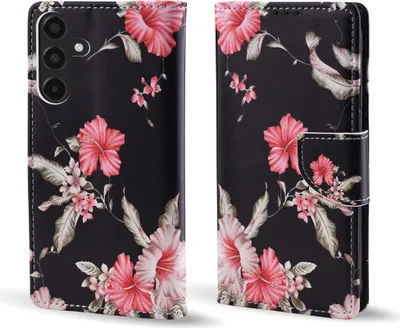 A black flip phone case with a floral hibiscus pattern.