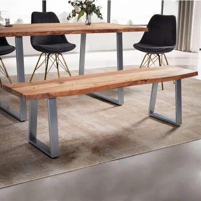 Image de WOHNLING Banc de salle à manger 180x40x45,5 cm Bois massif d'acacia / métal avec bordure naturelle Banc de table à manger Banc en bois massif sans dossier Banc de cuisine Banc chromé Banc moderne