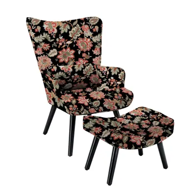 Produktbild von HomeMiYN Loungesessel mit Fußhocker und Kissen, Massivholzrahmen mit Leinenimitatstoff, schwarzer Hintergrund mit roten Blumen