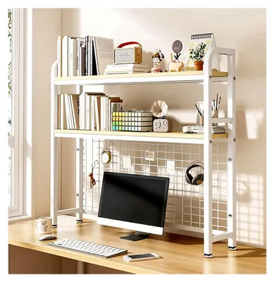 Produktbild von 2-stöckiges Computer-Bücherregal, 95x98x20cm Schreibtischregal Organizer Tischregal für Computertisch, Holz Arbeitsplatte Bücherregal für Zuhause, Büromaterial, Bücherregal