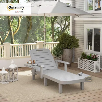 Image de Transat réglable avec table et finition imitation bois, lit de camping résistant aux intempéries, supportant jusqu'à 120 kg