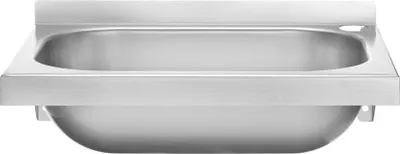 A stainless steel sink mounted on a wall.