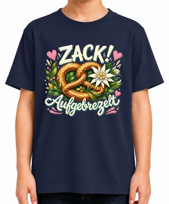 Immagine prodotto di Zack, maglietta con motivo "Aufgebrezelt Brezel", maglietta con motivo "Edelweiss", camicia tradizionale, pantaloni in pelle, abito tradizionale, maglietta per bambini, blu, taglia 104