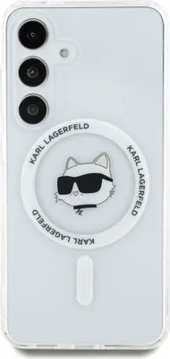 A white phone case with a Karl Lagerfeld cat design.