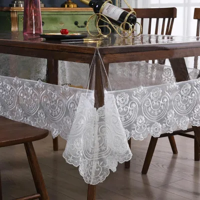 Zdjęcie produktu dla Biała, prostokątna obrus z winylu, 270 x 150 cm, z koronką, wodoodporny