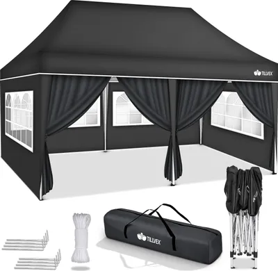 A black pop-up gazebo with side walls and windows, displayed with its accessories.