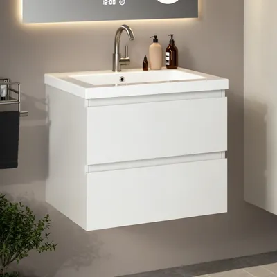 Image de Ensemble de meubles de salle de bain Mirlux en chêne blanc 60 cm – Lavabo blanc – Ensemble de meubles de salle de bain – Meuble sous lavabo blanc
