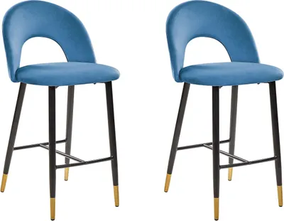 Produktbild von BELIANI Barstuhl 2er Set Blau Samtstoff mit Schwarz-Goldenen Metallbeinen Fußstütze Glamouröser Look Modern Esszimer Wohnzimmer Küche Sitzmöbel