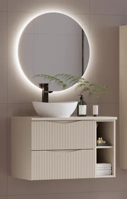 Produktbild von Badmöbel-Set 2-teilig mit 80 cm Waschtisch & LED-Spiegel in beige mit gerillter Front - CALURI-140