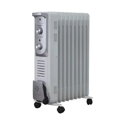 A gray oil-filled radiator with wheels, shown against a white background.