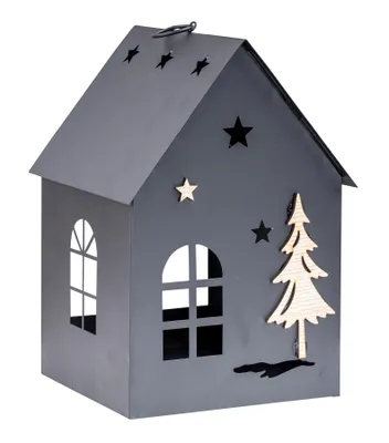 Produktbild von LED Laterne Haus H25cm Metall Schwarz Deko Windlicht Timer Industrial Style Lichtdeko Lichterhaus Weihnachtsdeko Winterdekor