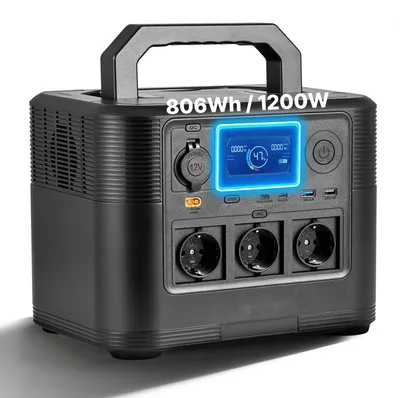 Immagine prodotto di Stazione di ricarica portatile - Generatore solare da 1200 W - Batteria LiFePO4 da 806 Wh - 9 porte - Alimentazione di emergenza per casa e campeggio - Adatta per camper - Senza pannello solare