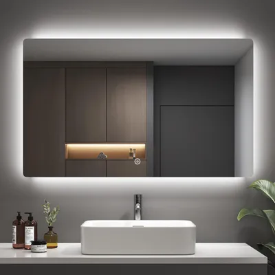 A modern bathroom vanity with a sink and a large LED mirror.