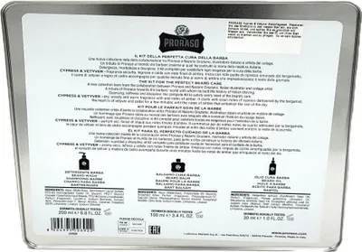 The back of a metal gift box containing Proraso beard care products.