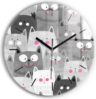 Produktbild von Wallfluent Wanduhr – Stilles Quarzuhrwerk - Uhr Dekoration Wohnzimmer Schlafzimmer Küche - Zifferblatt mit Striche - schwarze Zeiger - 30 cm - Muster mit Katzen