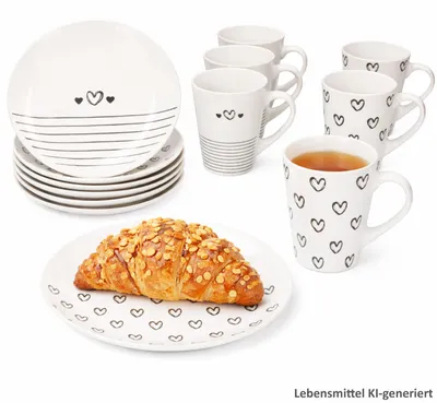 Produktbild von Cupid 12tlg Frühstücksset Becher Teller Herz Streifen schwarz-weiß
