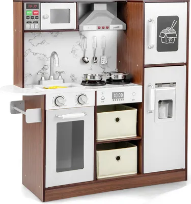 Produktbild von GOPLUS Kinder Spielküche, Kinderküche mit Geräuschen & Lichtern, Holzküche mit Kochuniform, 2 Stoffschubladen & 15 Spielkochzubehör für Jungen & Mädchen ab 3 Jahren, Kaffee
