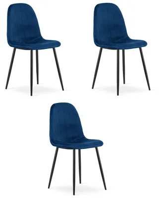 Image de Chaise - Leobert - Padva - Velours Bleu Marine/Pieds Noirs - 44,5 X 53 X 87 Cm - Lot De 3