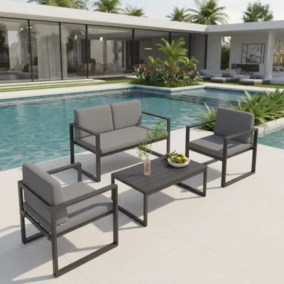 Produktbild von Aluminium Lounge 4?tlg Grau mit Tisch & Sessel wetterfest