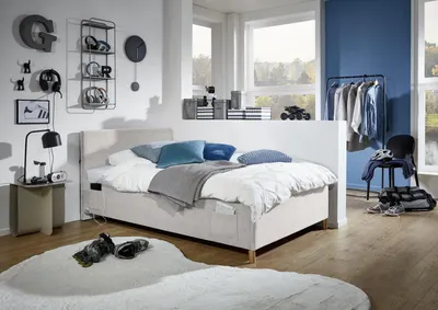 Produktbild von Meise Möbel Kinderbett Cool 120x200 cm | Bettkasten & Lattenrost | Cordstoff Nata | Holzfuß eichefarbig