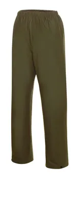 A pair of olive green pants on a white background.