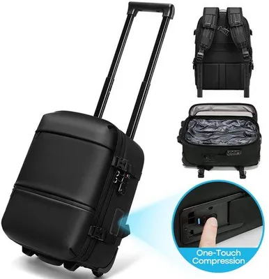 Produktbild von CarryQuest® - Vakuum Rucksack Trolley Underseat - Handgepäck 40x30x20 - Rucksacktrolley mit Rädern - Eingebaute Pumpe - Laptopfach 14 Zoll - USB-C - TSA-Schloss - Schwarz