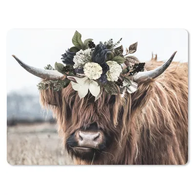 Produktbild von MuchoWow® Mauspad Mousepad Schottische Highlander - Blumen - Hoorn 23x19 cm - Mousepads - Maus Mat - Pad - Mausunterlage - Schreibtischunterlage - Mauspad