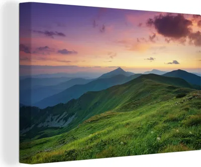 Produktbild von OneMillionCanvasses® - Leinwandbilder - 150x100 cm, Berg - Gras - Landschaft - Abend, Wandbilder Kunstdruck Wanddekoration - Foto auf Leinwand - Gemälde auf Holzrahmen
