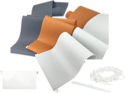 A collection of vertical blind slats in different colors, along with some accessories.