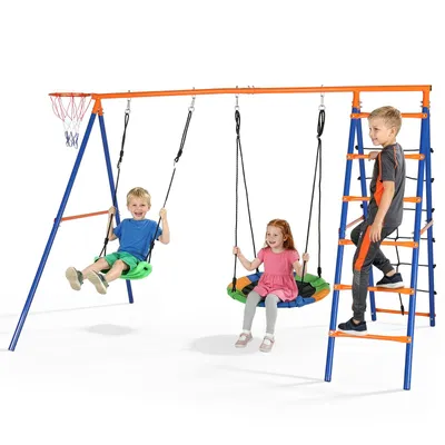 Produktbild von FCH schaukelgestell Gartenschaukel 5-in-1 Schaukelset mit Kletterleiter & Basketballkorb, 200kg belastbar, wetterfest für Garten,240x170x180cm