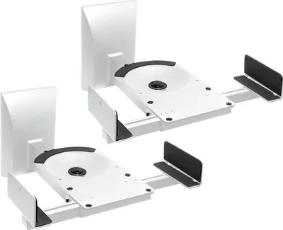 Two white speaker wall mounts are shown against a white background.