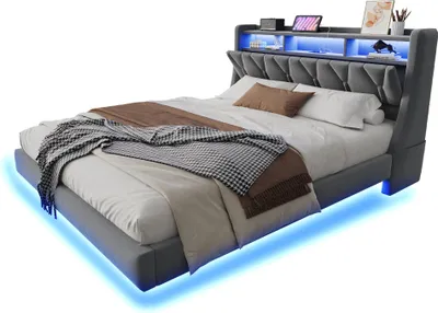 Produktbild von Polsterbett 180x200 Doppelbett Umklappbares Kopfteil mit Steckdose Ablagefach, LED-Beleuchtung, Gepolstertes Kopfteil,Schwebendes Bettdesign,Samt,Grau