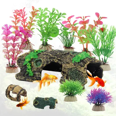 Aquarium Dekoration Set mit Kunststoffpflanzen und Höhlen