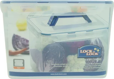 A transparent food storage container filled with vegetables, with branding and product information visible.