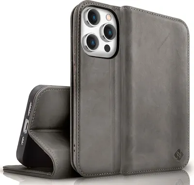 Image de Étui en cuir véritable NALIA pour iPhone 15 Pro, étui en cuir de vache avec protection RFID Étui en cuir ajustable Gris foncé