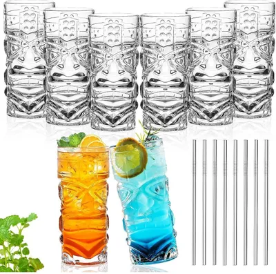 Zdjęcie produktu dla INFTYLE Plastikowy kubek Tiki 18 Oz przezroczysty Hawajskie koktajle imprezowe Lemoniada 8 szt