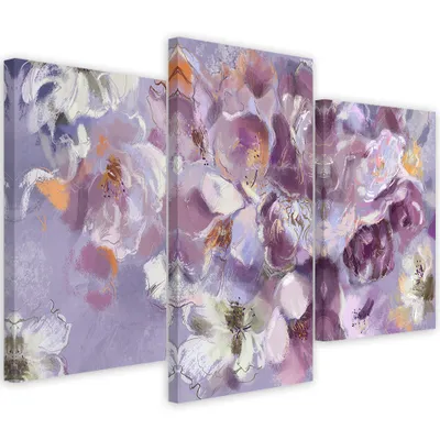 Produktbild von Triptychon auf leinwand irisblüte 90x60 cm Feeby lila wandbild bereit zum aufhängen