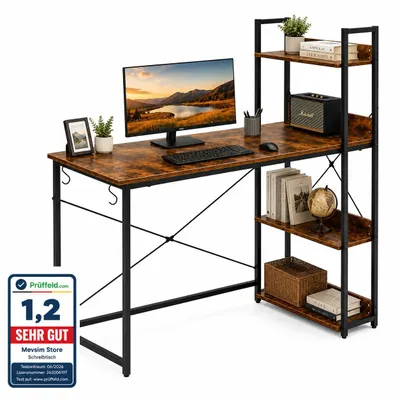 Produktbild von Lina® Computertisch, im Industrie Design, aus Holz, 120x60x75cm, Bürotisch, Holz + Regal Schreibtisch, für Wohnzimmer, Büro mit 3 ablagen - Braun