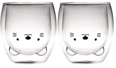 Productafbeelding van Dubbelwandige glazen koffbeker, set van 2, 250 ml, kattenmotief, transparant