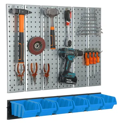 Produktbild von Werkzeugwand 78x72cm Metall Lagersystem mit Werkzeughaken 6 Stapelboxen Blau
