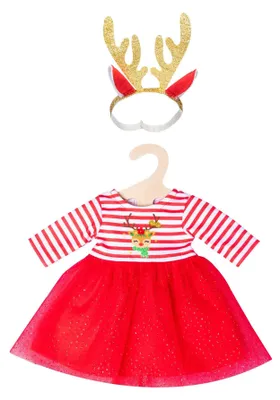 Imagen del producto de Vestido navideño para muñecas Helless Babypuppen, con diadema de ciervo, para muñecas de 35-45 cm. Ropa para muñecas