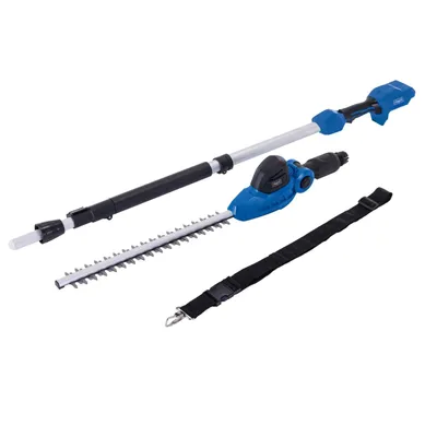 A cordless telescopic hedge trimmer and its detachable cutting head are laid out on a white background.