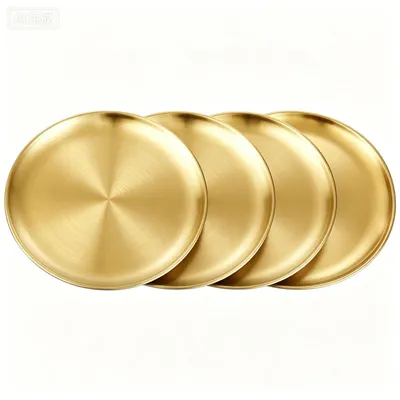 Image de Assiettes de camping en acier inoxydable - Lot de 4 assiettes rondes - Pour camping, pique-nique, randonnée et cuisine - Couleur or, diamètre 17 cm